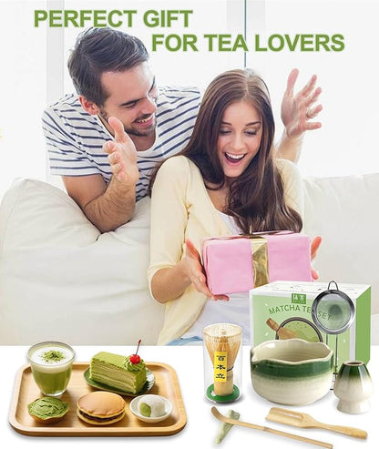 JBER Matcha Whisk Set, Ceramic Matcha Set Includes Bowl, Matcha Whisk (Chasen) and Holder, Sifter, Bamboo Scoop, Spoon & Rest - 7 Pcs Matcha Kit Set for Matcha Lovers & Beginners, Gradient Green