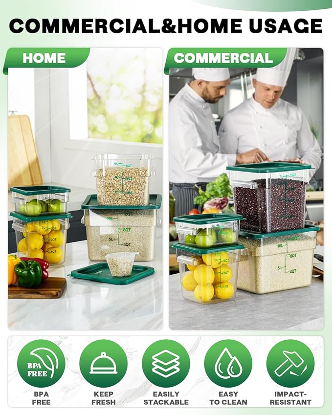 2QT4QT NSF Food Storage Containers: 6PCS [Food Grade][Hot&Cold Resistant] Commercial Clear Food Storage Containers with Lids for Restaurant Kitchen Proof Dough, Measuring Spoons Included(GREEN) - Image 5
