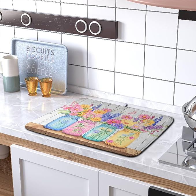 Daisy Dish Drying Mat for Kitchen Counter Spring Summer Flowers Vases Dishes Pad Microfiber Absorbent Dish Draining Mats Rustic Farmhouse Floral Wooden Board Dish Drainer Rack Mat 18x24 Inch - Image 5