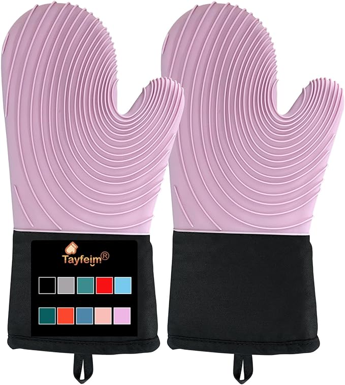 Silicone Oven Mitts-13.6 in Extended Oven Mitts Heat Resistant 500F, Oven Gloves with Soft Liner Good Grippy BPA-Free Easy to Clean Flexible-Oven Mits Set for Cooking Baking Grilling BBQ by Tayfeim