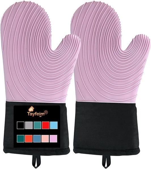 Silicone Oven Mitts-13.6 in Extended Oven Mitts Heat Resistant 500F, Oven Gloves with Soft Liner Good Grippy BPA-Free Easy to Clean Flexible-Oven Mits Set for Cooking Baking Grilling BBQ by Tayfeim