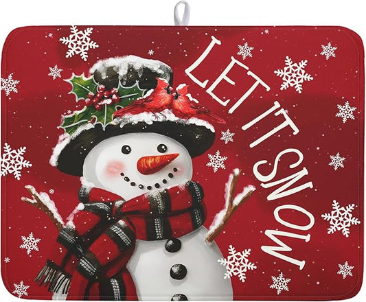 Winter Snowman Dish Drying Mat for Kitchen Counter 18x24 Inch Christmas Dish Draining Mat Xmas Snowflakes Decorations Fast Absorbent Tableware Cardinal Birld Dishes Pad for Coffee Bar Countertop