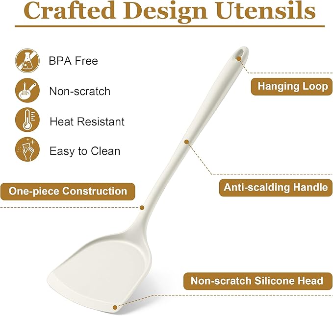LIANYU 8Pcs Kitchen Cooking Utensils Set, Silicone Utensil Sets, Heat Resistant Kitchen Gadgets Essentials for Nonstick Cookware with Spatula, Spoon, Tuner, Ladle, Dishwasher Safe, White - Image 4