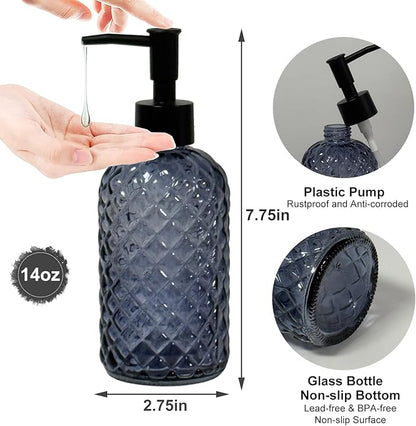 Glass Dish Soap Dispenser for Kitchen, 13.5oz Refillable Liquid Hand Soap Dispenser Set, Crystal Lotion Bottle for Modern Home Decor, Bathroom Countertop, Hotel(Blue Grey)