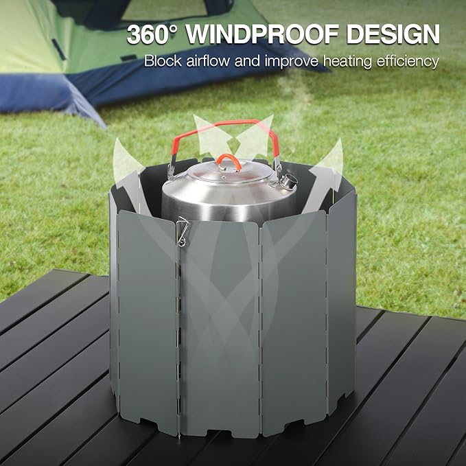 REDCAMP 10 Plates Folding Camping Stove Wind Screen, Heavy-Duty Iron Outdoor Wind Blocker with Carry Bag, Lightweight Foldable Shield for Butane Burner, Grey