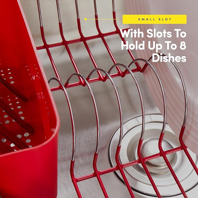 Sweet Home Collection Metal 2 Piece Dish Drying Rack Set Drainer with Utensil Holder Simple Easy to Use Fits in Most Sinks, 14.5" x 13" x 5.25", Red - Image 5