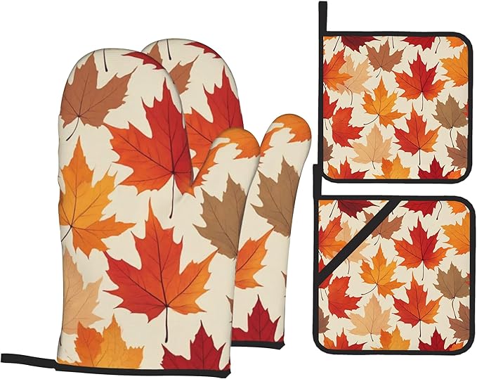 Oven Mitts and Hot Pads Set - Autumn Maple Design, Heat Resistant Cute Pot Holders for Kitchen, Baking Gifts for Women