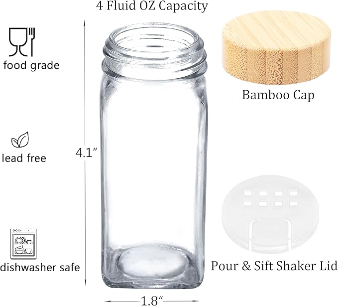SWOMMOLY 48 Glass Spice Jars with 806 White Spice Labels, Square Spice Bottles 4 oz Empty Spice Containers with Bamboo Lids, Chalk Marker and Funnel Complete Set. - Image 3