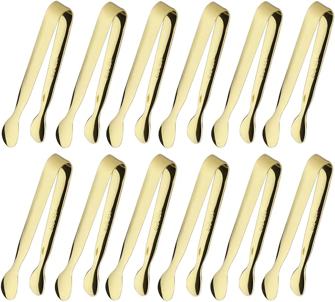 12PCS Ice Tongs Mini Sugar Tong 4.25Inch Stainless Steel Small Serving Tongs, Small Kitchen Tongs for Appetizers,Tea Party, Coffee Bar, Desserts (Gold 12pcs) by Sunenlyst