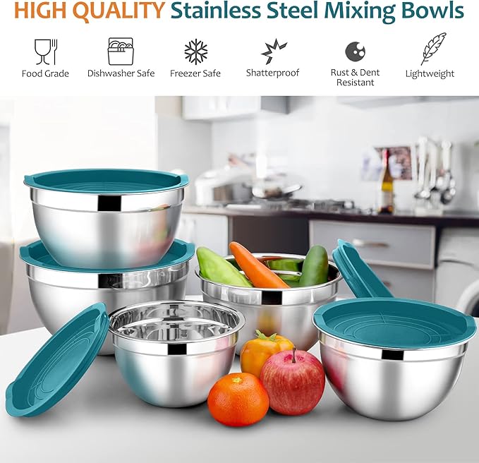 E-far Mixing Bowls with Teal Blue Lids Set of 5, Stainless Steel Mixing Bowls Metal Nesting Bowls with Airtight Covers for Cooking, Baking, Serving, Storage - Size 0.7/1/1.5/3/4.6QT - Dishwasher Safe - Image 2