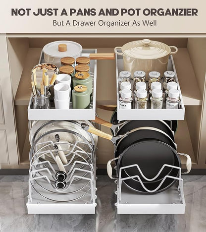 Lozovin Pull Out Pots and Pans Organizer Under Cabinet, Sliding Lid Holder and Pan Rack in Kitchen, Slide Out inside Cabinet Storage for Pot Lid, Bakeware, Dishes, 8 Adjustable Dividers, 2 Pack White - Image 5