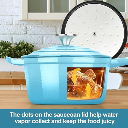 HaSteeL 2 QT Cast Iron Saucepan, Mini Enamel dutch oven with lid, Small Non Stick Pan for Milk, Pasta Tomato Sauce, Butter, Breakfast, Soup, Suitable for Boiling Stewing Frying, Easy to Clean, Blue