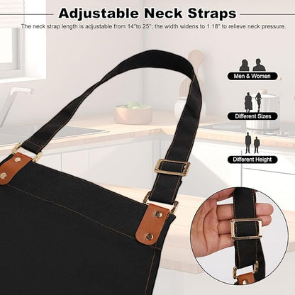 Chef Aprons for Women Men with Pockets(Functional and Large), Oil-Repellent & Water-Resistant Heavy-Duty Black Canvas with Adjustable Straps, Full-Coverage Protection for Cooking, Kitchen