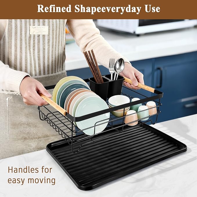 Dish Racks for Kitchen Counter, Thickened Metal Dish Drying Rack with Wooden Handles, Kitchen Countertop Organizer for Dishes, Spoons and Forks, No Assembly, Black, 16.7''*12.6''*5.12'' - Image 6