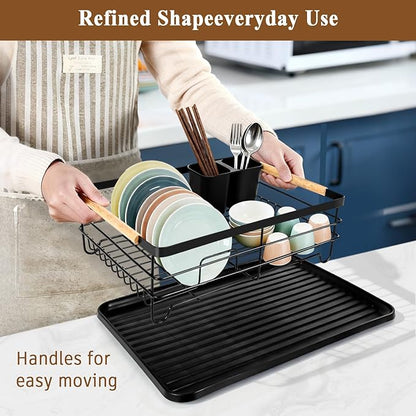 Dish Racks for Kitchen Counter, Thickened Metal Dish Drying Rack with Wooden Handles, Kitchen Countertop Organizer for Dishes, Spoons and Forks, No Assembly, Black, 16.7''*12.6''*5.12'' - Image 6