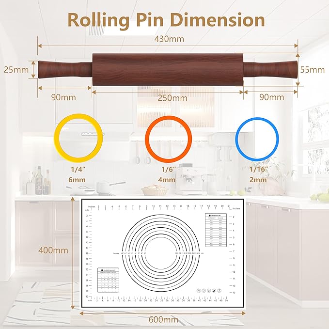 Classic Wooden Rolling Pin with Handle and Pastry Mat for Fondant, Pizza, Pies, Cookies,Rolling Pin for Baking with 3 Multi-Color Thickness Rings,17" x 2.5" (Include handle) - Image 5