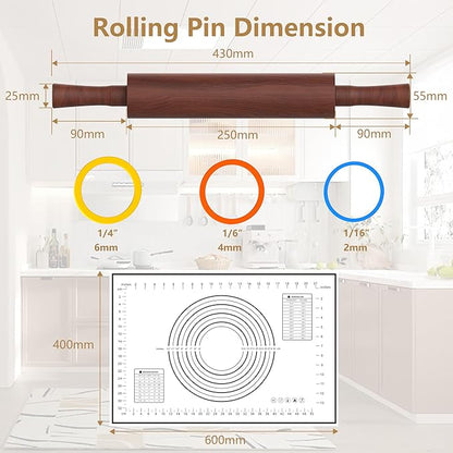 Classic Wooden Rolling Pin with Handle and Pastry Mat for Fondant, Pizza, Pies, Cookies,Rolling Pin for Baking with 3 Multi-Color Thickness Rings,17" x 2.5" (Include handle) - Image 5