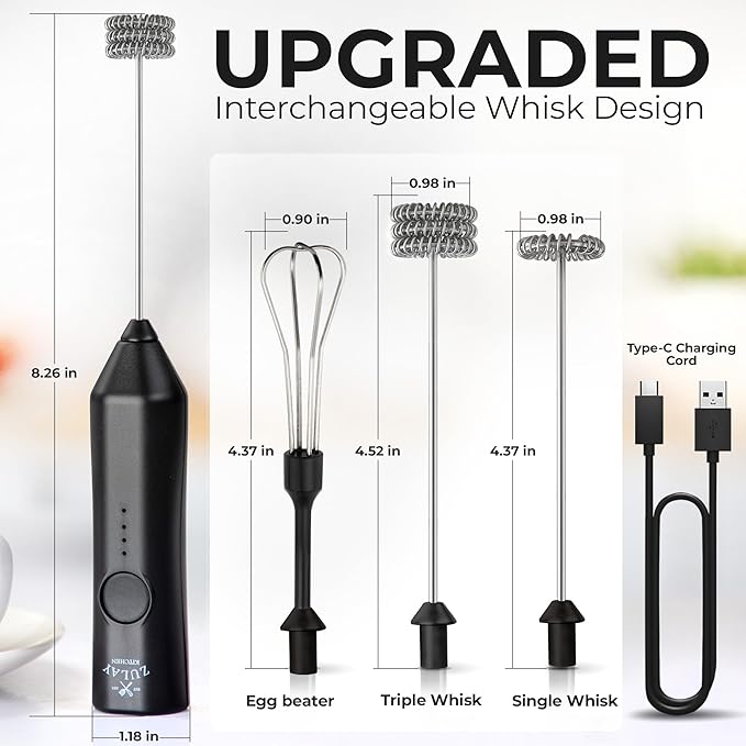 Zulay Kitchen Rechargeable Milk Frother - Dynamic - 3 Speeds, 3 Whisk Attachments, 500 mAh USB Charging, Drink Mixer For Latte, Cappuccino, Matcha, Protein Powder, Coffee Foam - Black - Image 5