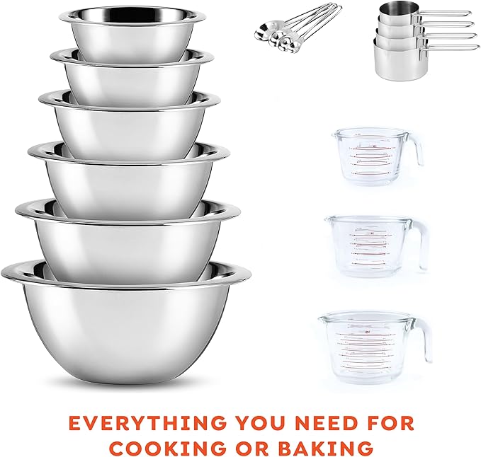 Eatex Mixing Bowls with Measuring Cups & Measuring Spoons 17 Piece Set - Nesting Stainless Steel Mixing Bowls Set for Kitchen, Measuring Spoons & Glass Liquid Measuring Cups, Dishwasher Safe Meal Prep - Image 4