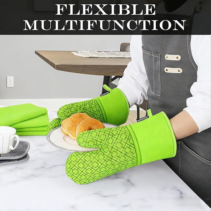 Oven Mitts and Pot Holders Sets 6pcs, Kitchen Oven Glove,High Heat Resistant 550 Degree Extra Long Oven Mitts and Potholders with Non-Slip Silicone Surface for Home Essentials (Grey) (Meadow Green) - Image 5