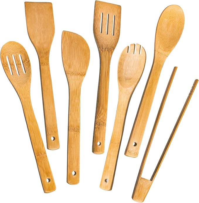 Eisinly Wooden Spoons for Cooking 7-Piece, Kitchen Nonstick Bamboo Cooking Utensils Set, Carbonized Bamboo Durability Spatula Spoon for Everyday Use by Eisinly