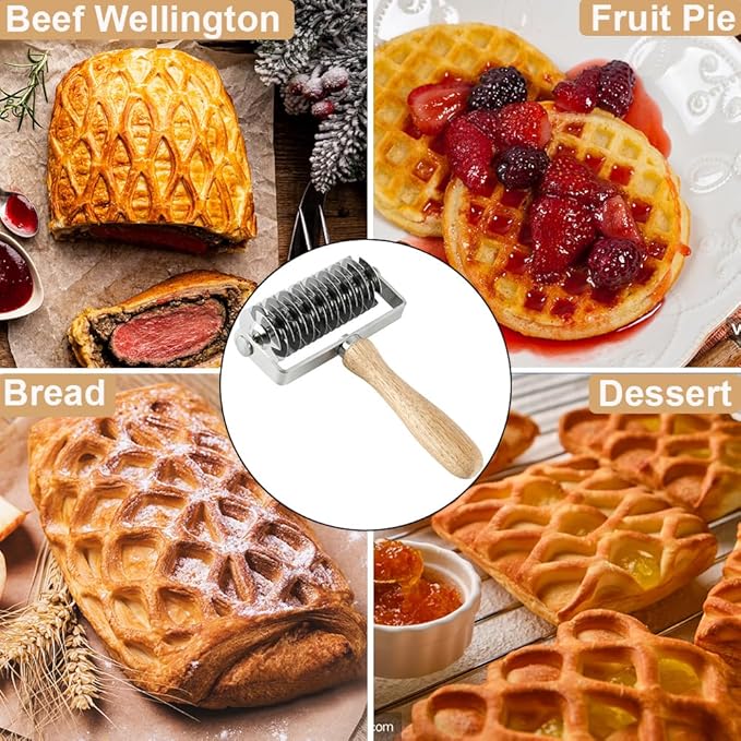 Pastry Lattice Roller Cutter, Stainless Steel Multi-Wheel Dough Cutter with Wooden Handle, Pie Crust Strip Cutters for Pastry, Pizza Dough, Bread & Beef Wellington