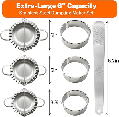 3-in-1 Stainless Steel Dumpling & Empanada Maker Set | Professional Press Mold with 3 Sizes (3.8", 5", 6") & Dough Cutters, Stuffing Scoop | Dishwasher Safe for Easy Clean