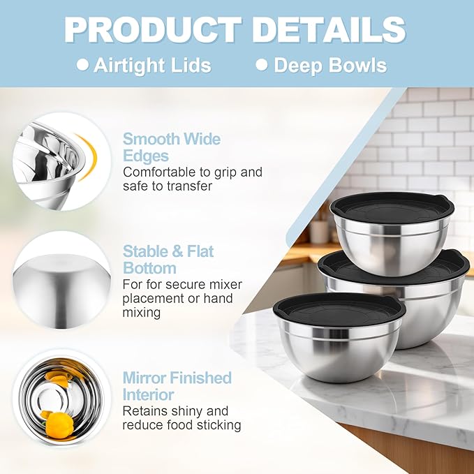 TeamFar Mixing Bowls, Stainless Steel Nesting Salad Bowls with Airtight Lids Set, For Serving/Mixing/Storing, Healthy & Long-lasting, Dishwasher Safe & Easy Clean, 4.6/3 / 1.5 QT, Black - Image 3
