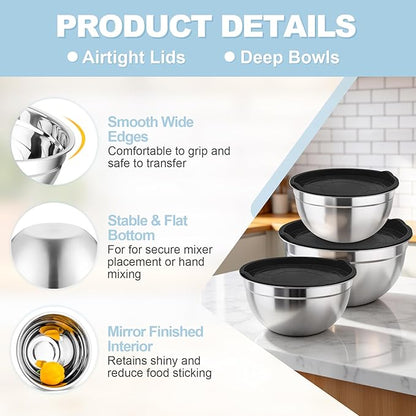 TeamFar Mixing Bowls, Stainless Steel Nesting Salad Bowls with Airtight Lids Set, For Serving/Mixing/Storing, Healthy & Long-lasting, Dishwasher Safe & Easy Clean, 4.6/3 / 1.5 QT, Black - Image 3