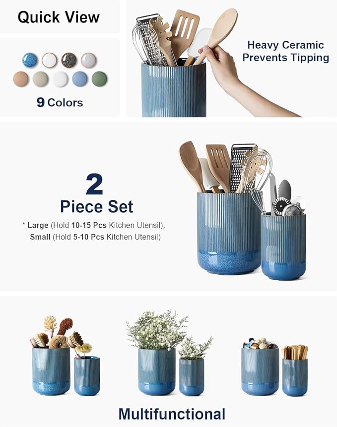 LE TAUCI Utensil Holder for Kitchen Counter, 7.3"+5.4" Fluted Ceramic Utensil Crock Organizer for Countertop, Heavy Large Holder for Spatulas, Spoons, Set of 2, Blue Marble - Image 2