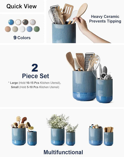 LE TAUCI Utensil Holder for Kitchen Counter, 7.3"+5.4" Fluted Ceramic Utensil Crock Organizer for Countertop, Heavy Large Holder for Spatulas, Spoons, Set of 2, Blue Marble - Image 2