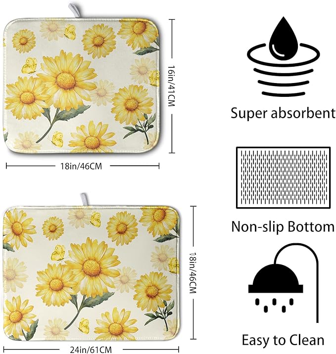 Yellow Sunflower Dish Drying Mat for Kitchen Counter Summer Daisy Floral Dishes Pad Farmhouse Flower Dish Draining Microfiber Absorbent Dish Drainer Rack Mat Large Extra Large 18x24 Inch - Image 2