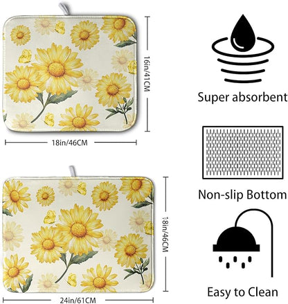 Yellow Sunflower Dish Drying Mat for Kitchen Counter Summer Daisy Floral Dishes Pad Farmhouse Flower Dish Draining Microfiber Absorbent Dish Drainer Rack Mat Large Extra Large 18x24 Inch - Image 2