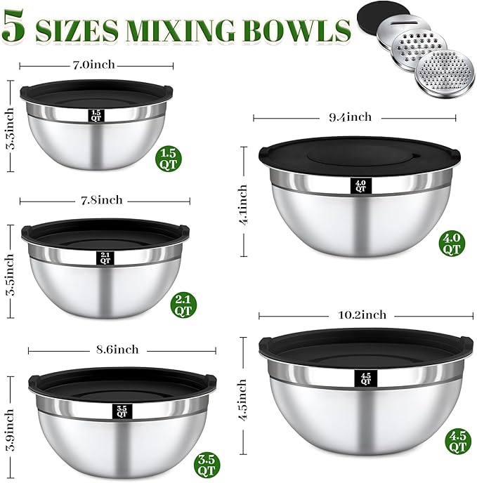 8PCS Mixing Bowls with Lids Set - 5 Nesting Mixing Bowls, 3 Grater Attachments, Lids, Stainless Steel Mixing Bowls for Mixing & Serving, Size 1.5/2.1/3.5/4/4.5 QT, Black - Image 2