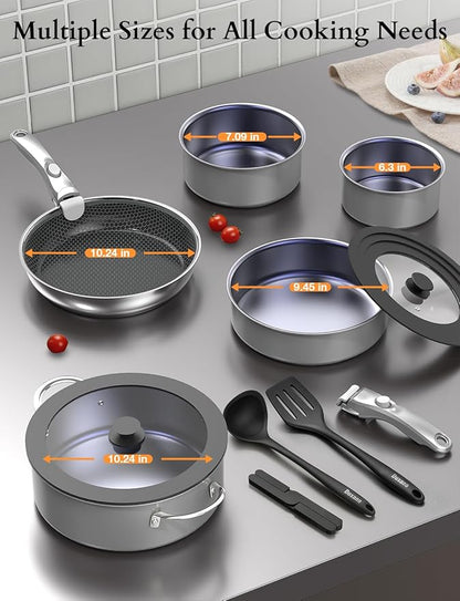DUXANO Ceramic Pots and Pans Set Non Stick, 2026 Upgraded Hybrid Frypan, 1.5&2 QT Saucepans with Lid, Oil-less Cooking, PFAS Free Non Toxic, Induction Ready,Oven&Dishwasher Safe,Removable Handle,12PC