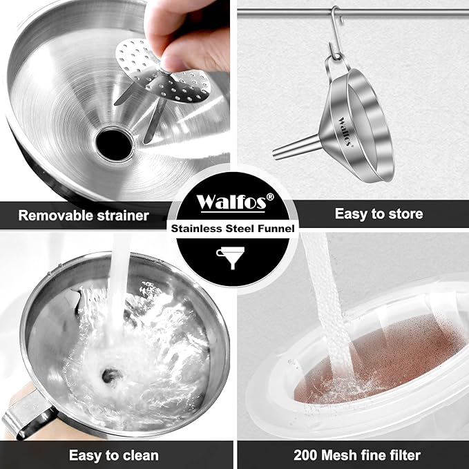Stainless Steel Funnel, Walfos Kitchen Funnel with 2 Removable Strainer ＆ 1Pc Cleaning Brush, Perfect for Transferring of Liquid, Oils, Jam, Dry Ingredients & Powder (Big, 4.9") - Image 7