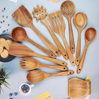Wooden Spoons for Cooking,Wooden Utensils for Cooking 11 Pcs Wooden Kitchen Utensils Set Wooden Spatulas for Cooking Wooden Cooking Utensils with Holder, 14.37*4.13*3.54, Brown - Image 3