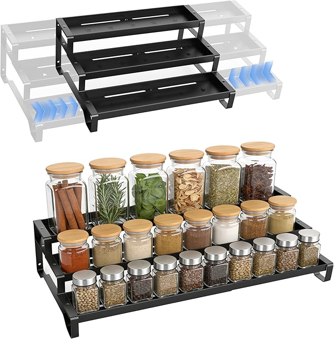 SANKEU Expandable Spice Rack Organizer for Cabinet 3 Tiered Metal Seasoning Organization with Guardrails Spice Shelf Storage for Jars Adjustable Length 13"-21" Black 1Pack - Image 9