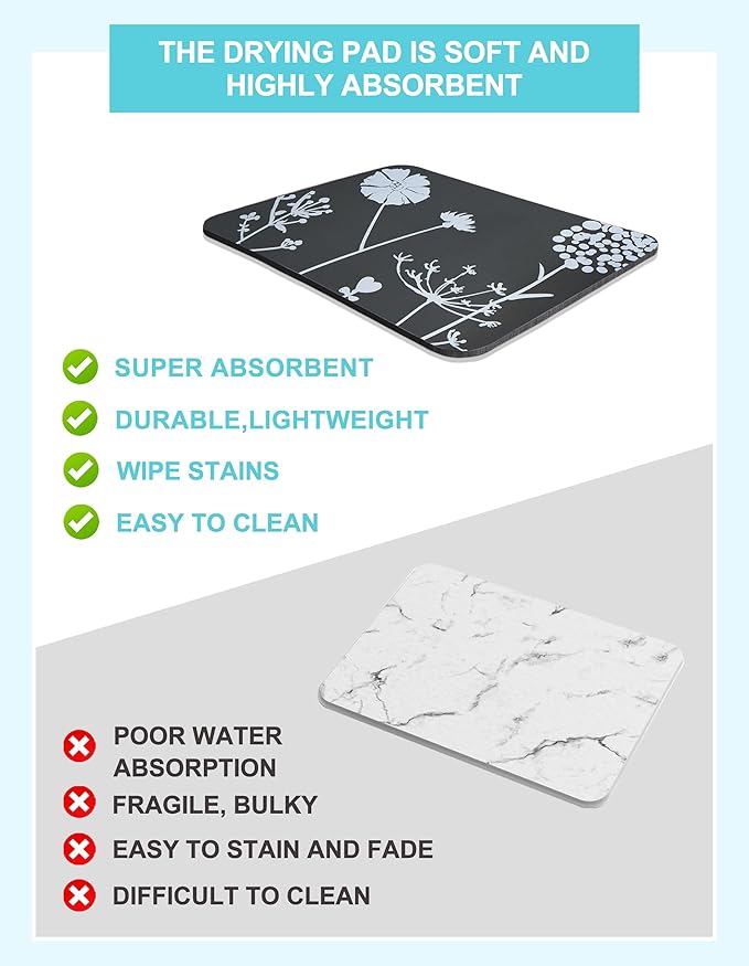 Dish Drying Mat for Kitchen Counter, 12"x19"Dish Drying Pad with Non-slip Rubber Backed, Hide Stain Anti Absorbent for Kitchen Counter, Drying Mat for Coffee Machine Dish Rack (Gray Daisy) - Image 3