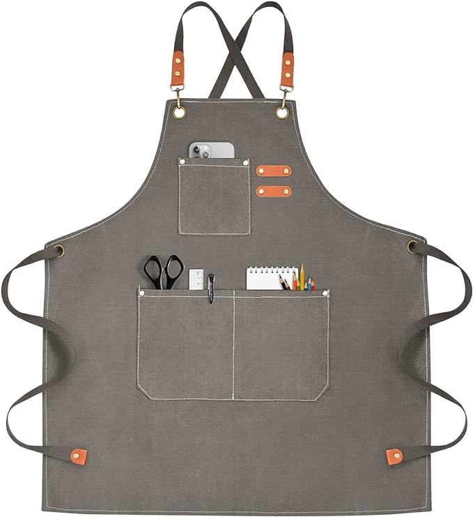 OUNLEN Chef Apron for Men Women Canvas Aprons with 3 Pockets Cross Back Resistant Work Apron for Cooking by OUNLENAPRON