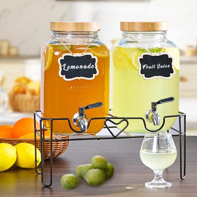 2 Pack1Gallon Glass Drink Dispenser with Stand&Bamboo Lids&Fruit Infuser,304 Stainless Steel Leak-Proof Spigot,Beverage Dispenser for Parties,Water Sangria Juice Sun Tea Lemonade(Natural)