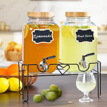 2 Pack1Gallon Glass Drink Dispenser with Stand&Bamboo Lids&Fruit Infuser,304 Stainless Steel Leak-Proof Spigot,Beverage Dispenser for Parties,Water Sangria Juice Sun Tea Lemonade(Natural)