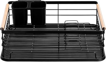 Navaris Dish Drainer Rack - Plate, Silverware, Pots and Pans Drying Rack for Kitchen with Beechwood Handles - Modern Retro Design Drip Tray - Black - Image 7