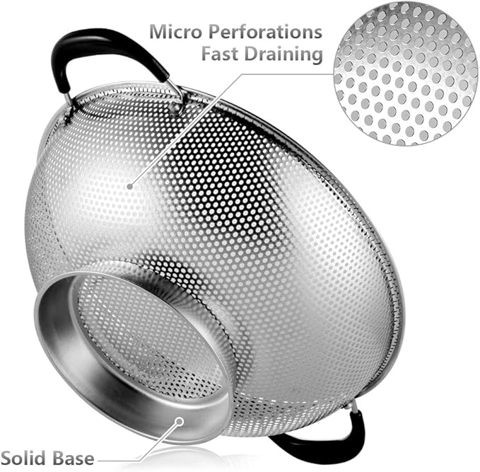 Tiawudi 18/8 Stainless Steel Colander, Easy Grip Micro-Perforated 5-Quart Colander, Strainer with Riveted and Heat Resistant Handles, BPA Free. Great for Pasta, Noodles, Vegetables and Fruits - Image 4