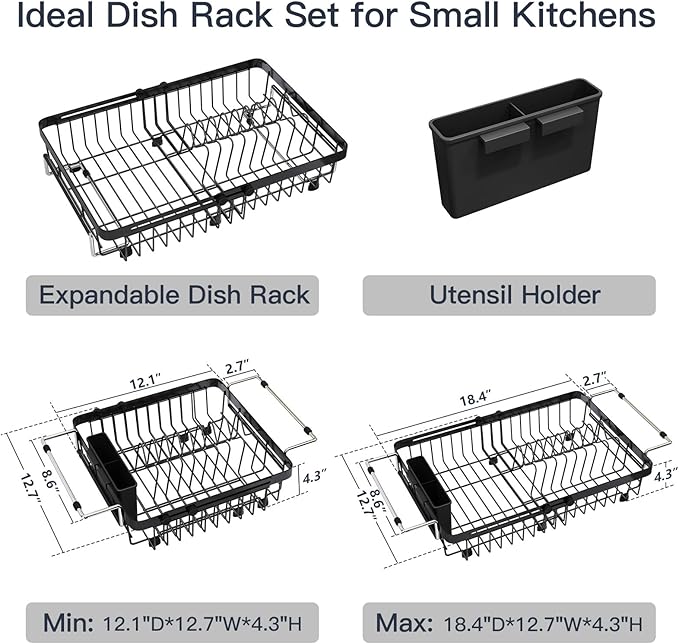 MAJALiS Expandable Stainless Steel Over The Sink Dish Drying Rack for Small Kitchen Counter Space Saving, Compact RV Plate Drainer Strainer in Black Wire Metal with Hanging Adjustable Utensil Holder - Image 7