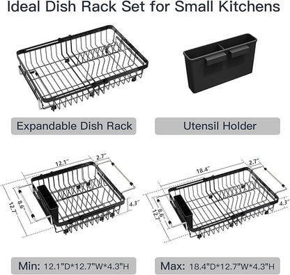 MAJALiS Expandable Stainless Steel Over The Sink Dish Drying Rack for Small Kitchen Counter Space Saving, Compact RV Plate Drainer Strainer in Black Wire Metal with Hanging Adjustable Utensil Holder - Image 7