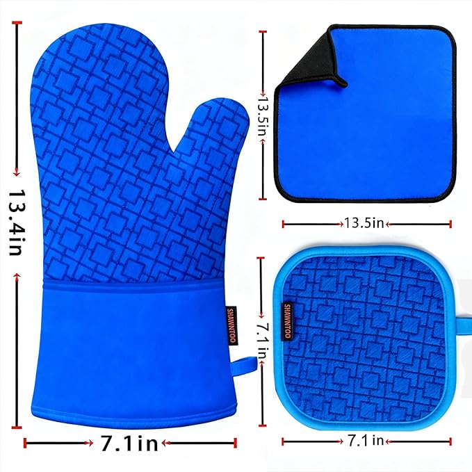 Oven Mitts and Pot Holders Sets 6pcs, Kitchen Oven Glove,High Heat Resistant 550 Degree Extra Long Oven Mitts and Potholders with Non-Slip Silicone Surface for Home Essentials (Grey) (Navy Blue) - Image 2