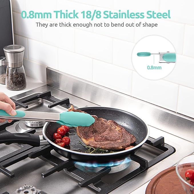 600ºF Heat Resistant Kitchen Tongs: U-Taste 12 in Large Silicone Cooking Tong with Sturdy Non Stick Rubber Tips & Silicon Coated 18/8 Stainless Steel Handle & Smooth Locking for Serving Grill-Aqua Sky - Image 5