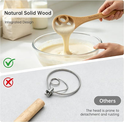 Danish Dough Whisk, 2 Pack Wooden Sourdough Bread Whisk, Seamless One-Piece Premium Beech Wood Dutch Dough Whisk for Sourdough Bread, Pizza Crust, Pastry, Pasta, Easy to Clean & Store