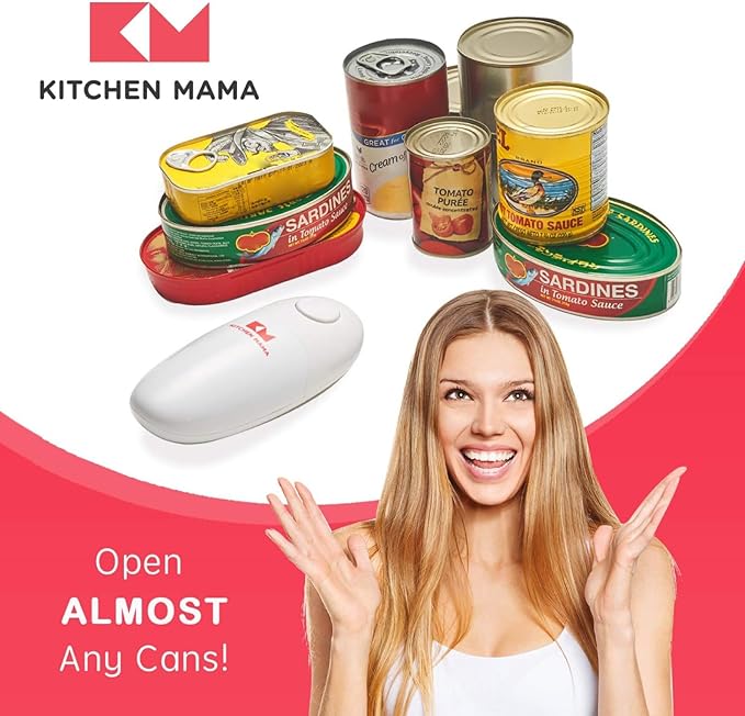 Kitchen Mama Auto Electric Can Opener: Open Your Cans with A Simple Press of Button - Automatic, Hands Free, Smooth Edge, Food-Safe, Battery Operated, YES YOU CAN (White) - Image 4